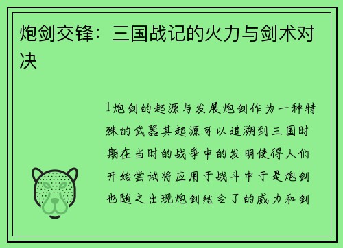 炮剑交锋：三国战记的火力与剑术对决